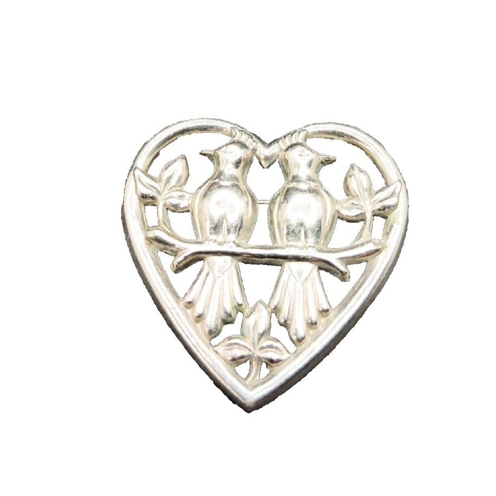 Vintage Heart Brooch Soul Mates Lovebirds Romantic Anian Pin Silver Tone Gift